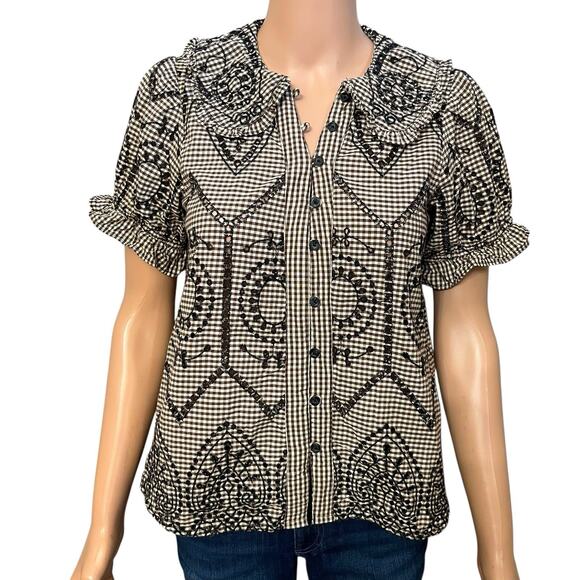 Anthropologie Pilcro Kiera Button Down Blouse Small Gingham Eyelet Embroidery - Picture 1 of 9
